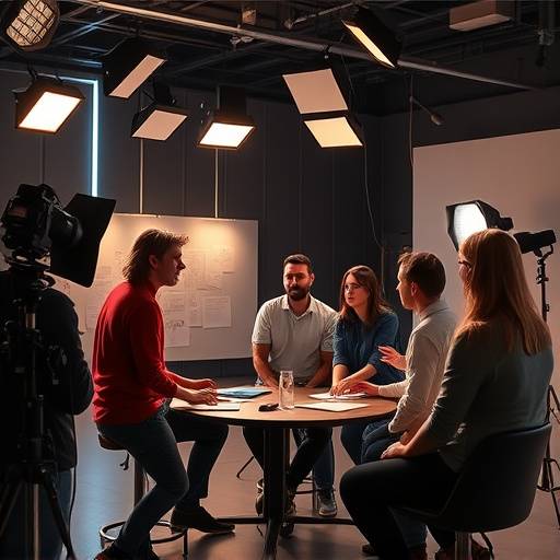 Il team di Aurora Studios che discute idee creative in uno studio di produzione moderno.