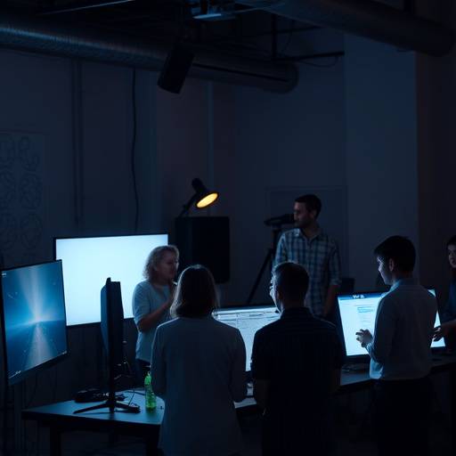 Squadra di Aurora Studios in una sessione creativa, con luci soffuse e schermi luminosi.